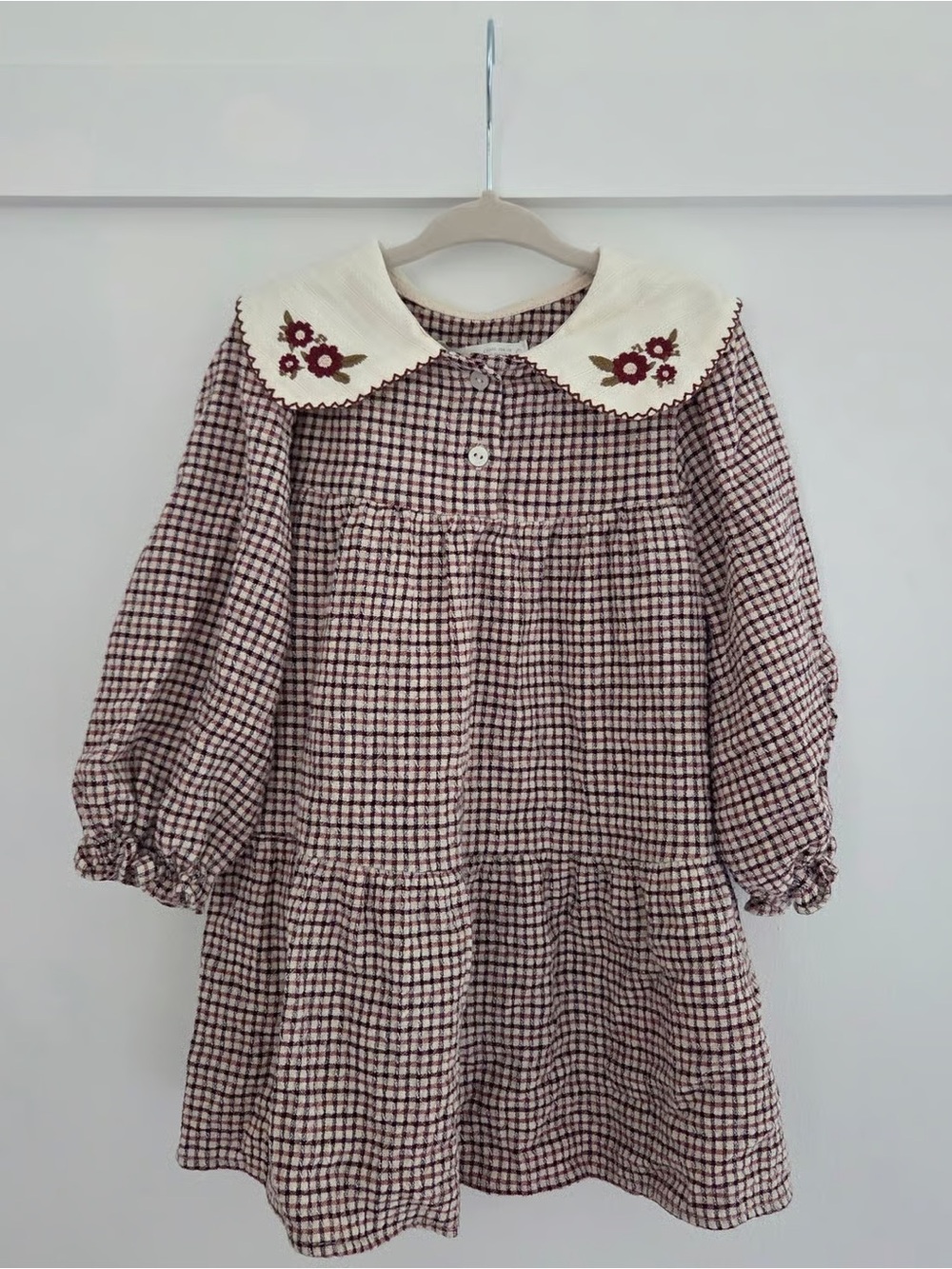 Zara Brown Gingham Dress with Cream Embroidered Collar